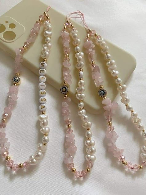 Gemstone Phone Strap, Crystals Beads Necklace, Phone Chain Beads Aesthetic, Rose Quartz Necklace Beads, Aesthetic Phone Strap, Pearl Phone Strap, Phone Straps Beads Diy, Beaded Phone Charms Aesthetic, Phone Chains Beads