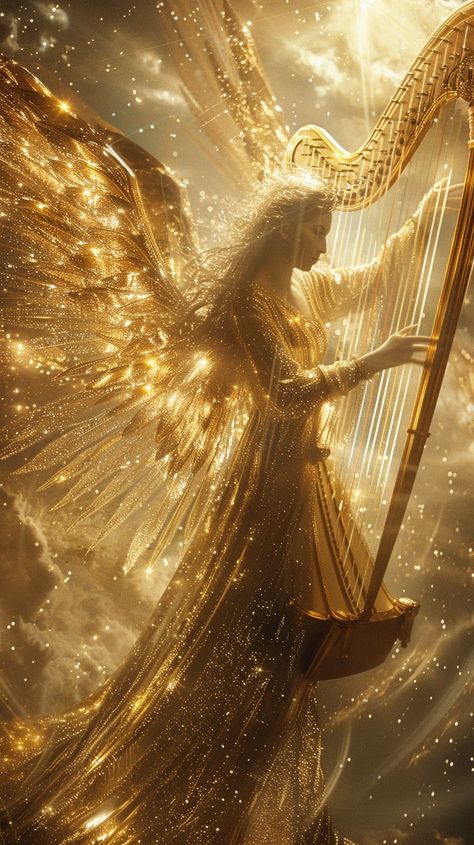 "Celestial Harpist Enchantment: A #heavenly angel enveloped in a #luminous glow plays the #musical harp amidst #sparkling ethereal particles. #divine #angelic #creativeart #inspiration #fantasyart #digitalart #artlovers ⬇️ Download and 📝 Prompt 👉 https://stockcake.com/i/celestial-harpist-enchantment_731276_154650" Angel Harp Tattoo, Etheral Aethstetic, Best Drugstore Powder, Makeup By Age, Makeup By Season, Celestial Angel, Ethereal Angel, Eyeshadow For Hooded Eyes, Monochromatic Makeup