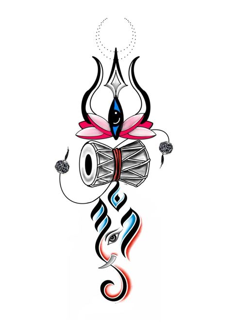 Trishakti Tattoo, God Shiva Tattoo Design, Shiv Trishul Tattoo, Mahadev Trishul Tattoo, Shiva Tattoo Ideas, Mahadev Tattoos, Lord Shiva Trishul, Om Trishul Tattoo, Drum Tattoo