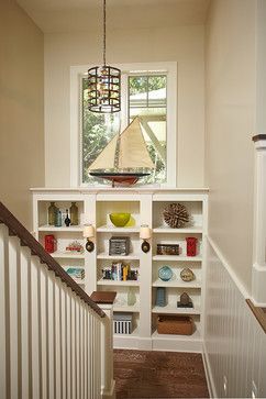 Bookcase On Stair Landing Design Ideas, Pictures, Remodel and Decor Hallway Bookshelves, Staircase Landing, Apartment Entryway, Stair Landing, White Lake, Craftsman Style Homes, Craftsman Style House Plans, Lake Cottage, Cottage Design