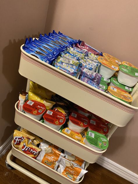 Snack Cart Organization Ideas, Office Hangout Room Ideas, Snack Cart Organization, Snack Carts Ideas, Snack Cart Ideas For Bedroom, Snack Corner Ideas Bedroom, Dorm Snack Cart, Snack Cart For Room, Mini Fridge Snacks