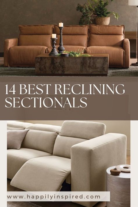 14 best reclining sectional sofas! Leather reclining sectionals, best reclining sectionals for small spaces, living room sectional, sectionals for living room, l-shaped sectional, and more! Best Sectional Sofa With Recliner, Reclining Living Room Furniture, How To Decorate A Reclining Sectional, Modern Sectional Sofa With Recliner, L Shaped Couch With Recliner, Leather Recliner Sofas, Reclining Sectional Living Room Cozy, Lay Flat Reclining Sofa, Living Room Couch With Recliner