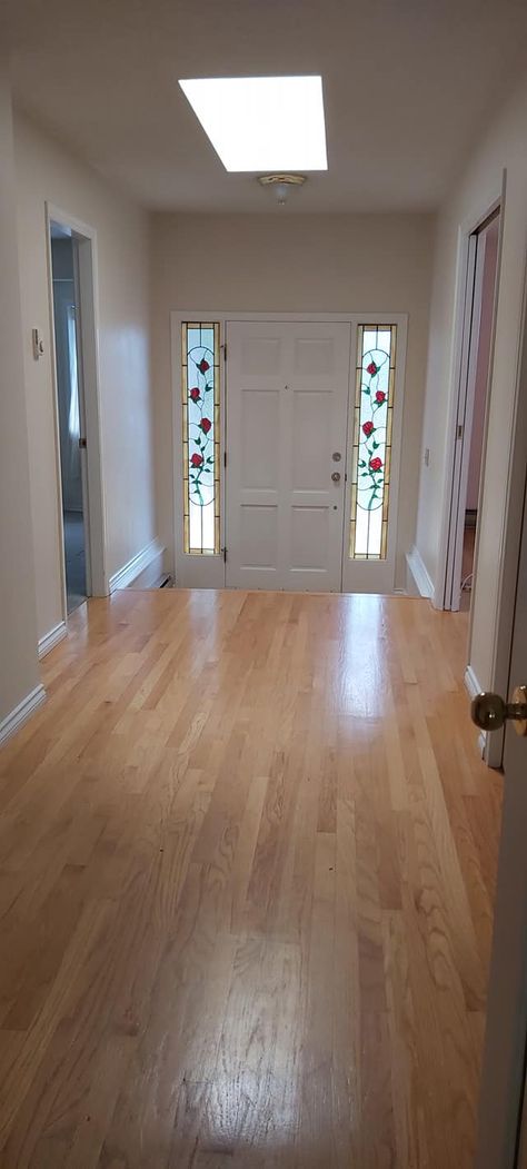 This is the before photo of our 25 year old oak floors which have turned an orangey color over the years. We recently bought our new to us 'retirement' sized home and we needed to renovate the floors within a two week period. Come visit and see what the floors look like before (left) and after the refinishing, sanding, staining and sealing. Don't forget to follow for updates :) #renovation #home #house #downsizing #retirement #refinishing #oak #floors #hardwood Old Oak Floors Refinished, Refinished Oak Floors Before And After, Refinishing Hardwood Floors Before After, Stain Hardwood Floors Before And After, Before And After Hardwood Floor Refinish, Staining Old Wood Floors, Oak Floor Stains Before And After, Refinish Hardwood Floors Before After, Refinished Wood Floors Before And After