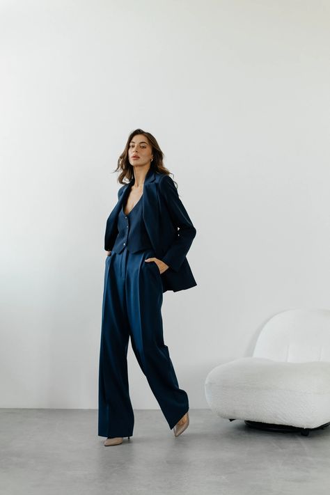 Stunning Classic Dark Blue Pantsuit. Blue Formal Three Piece Women's Suit. 3-piece Set Jacket Vest and Palazzo Trousers.office Matching Set. - Etsy Dark Blue Women Suit, Blue Women’s Suit, Masc Bride Outfit, Dark Blue Suit For Women, Wedding Guest Suit Women, Trouser Suits For Women, Blue Coat Pant, Three Piece Suit Women's, 3 Piece Suit Women