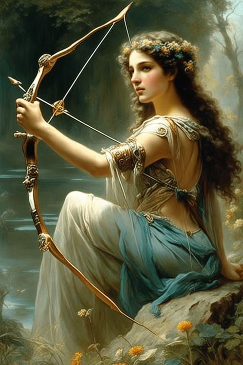 Artemis: Goddess of The Hunt by thewritingnook _ Artemis Greek Goddess Art, Artemis Cosplay, Woman In Forest, Artemis Art, Artemis Greek Goddess, Tom Bagshaw, Greek Goddess Art, Famous Legends, Serious Expression