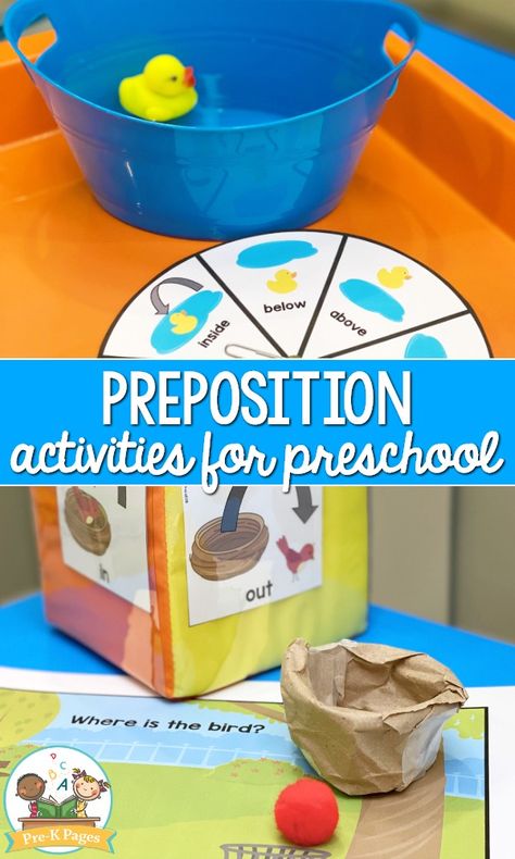 I pinned this pin. There are several activities on this website that prompt students to put various objects in the placement of the prepositional words that is promted. Includes printable spinners and pictures to put on boxes. Can be done in small groups or in a large groups. Relates to standard 9B.ECa and b - Show understanding and use appropriate language for locaiton and ordinal poition Positional Games For Preschool, Prek Positional Word Activities, Prepositions Preschool Activities, Speech Therapy Preposition Activities, Positional Language Eyfs, Position Words Preschool, Prepositions Activities For Kids, Teaching Prepositions Activities, Prepositions Game