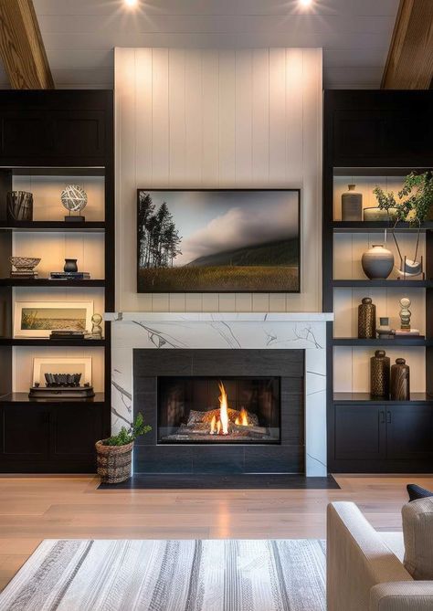 43 Best Living Room Decor Fireplace Ideas - Home Soils Living Room Fireplace Shelving, Modern Fireplace Wall Living Room Stone, Fireplace Furniture Ideas, Living Room Built In Cabinets With Fireplace, Family Room Brick Fireplace, Built Ins With Fireplace And Tv, Electric Fireplace Tall Ceilings, Built In Fireplace With Shelves, Fireplace Transitional Style