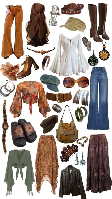 Autumn Hippy Outfits, Boho Outfit Board, Flowy Earthy Outfits, Bohimen Outfits, Hippie Fall Aesthetic, Earthy Witchy Outfits, Earthy Core Outfits, Autumn Hippie Outfits, Hippie Autumn Outfit