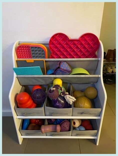 Dog Toy Organizer, Dog Treat Organization, Dog Sensory Play, Dog Things Organization, Dog Cupboard Organisation, Pet Stuff Organization, Dog Food Organization Ideas, Dog Room Organization, Dog Gear Wall