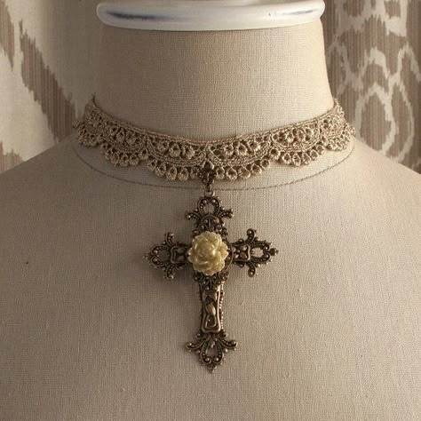 Victorian Cross Necklace, Geeky Clothes, Cross Choker, Believe In Magic, Fantasy Jewelry, Girly Jewelry, Fabric Jewelry, Dream Jewelry, Pretty Jewellery