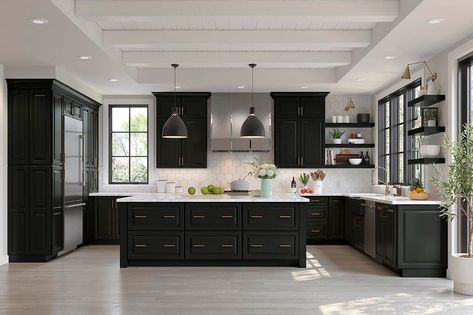 : Explore our wide range of black kitchen cabinet options, from modern to traditional styles. #kitchencabinets #blackcabinets Black Shaker Cabinets, All Black Kitchen, Cabinet Samples, Modern Black Kitchen, Kitchen Cabinet Samples, Maple Kitchen Cabinets, Maple Kitchen, Black Kitchen Island, Right Decision