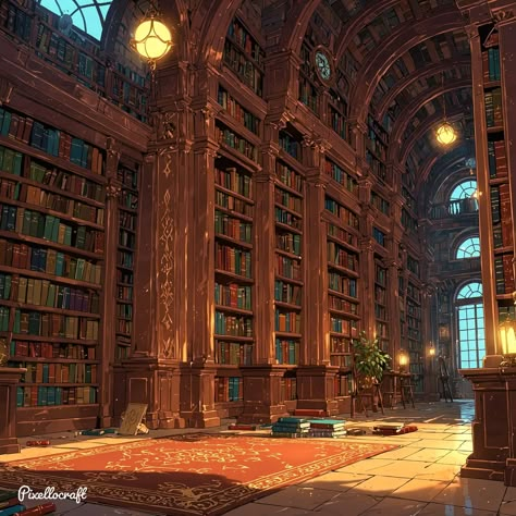 Royal Library Fantasy Art, Fantasy Academy Building Interior, Genshin Impact Library, Magic Library Art, Fantasy Academy Concept Art, Fantasy Magic Academy, Fantasy Schools Of Magic, Fantasy Library Concept Art, Magic World Aesthetic