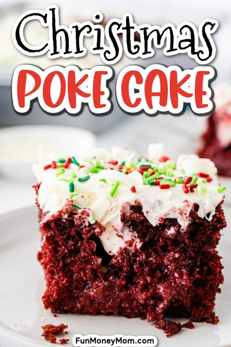 This Christmas Poke Cake is a fun and festive dessert that's perfect for the holiday season. Made with boxed cake mix, white chocolate and a cream cheese frosting, this delicious cake recipe will be the star of your holiday dessert table! Christmas Dessert Recipes Baking Easy, Christmas Dump Cake Recipes, Christmas Poke Cake, Christmas Desserts Cakes, Holiday Cake Recipes, Christmas Dinner Desserts, Holiday Dessert Table, Poke Cake Recipe, Boxed Cake Mixes Recipes