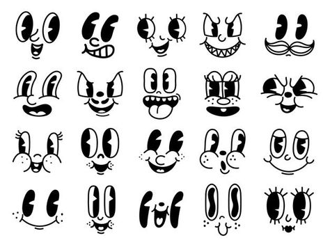 Vintage 50s cartoon and comic happy faci... | Premium Vector #Freepik #vector #logo #vintage #character #cartoon Happy Facial Expressions, Happy Face Illustration, Anatomy Basics, Germ Illustration, 50s Cartoon, Basic Animation, Old Animation, Alphabet Graffiti, 1930s Cartoons