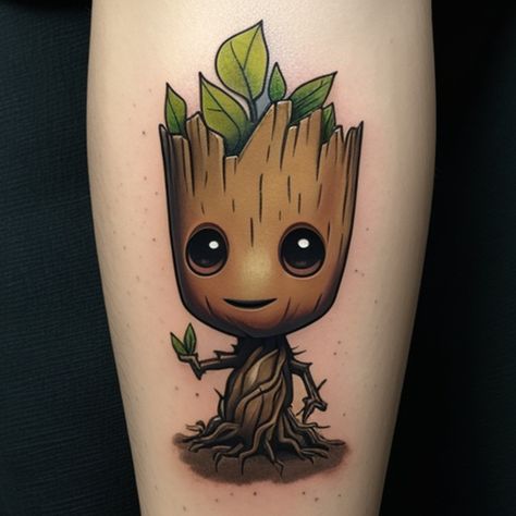 Groot tattoo cartoon Style lucis 01 Tattoo Cartoon Style, Cartoon Sleeve Tattoo, Groot Tattoo Ideas, Guardians Of The Galaxy Tattoo, Baby Groot Tattoo, Groot Tattoo, Vibrant Tattoos, Wall Elements, Pop Culture Tattoos