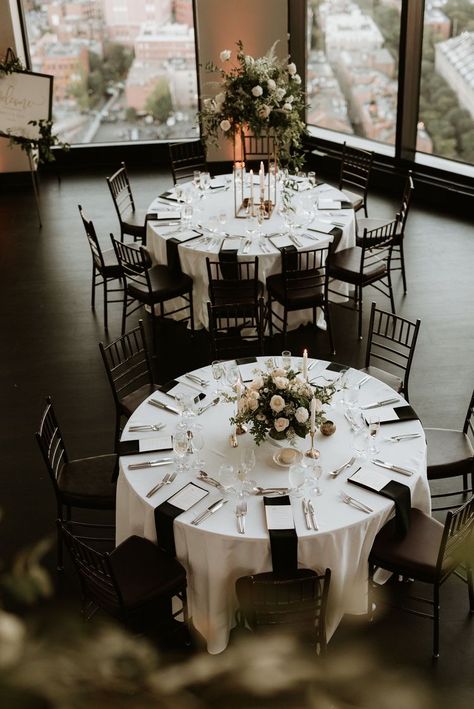 Reception Florals Table Settings, Black Tie Wedding White Flowers, Black Cheesecloth Table Runner Round Table, Classic Wedding Centerpieces Romantic, Formal Wedding Table Decorations, Wedding Reception Tables Settings, Wedding Tables No Place Settings, Wedding Decor Romantic Elegant, Classic Wedding Round Table Decor