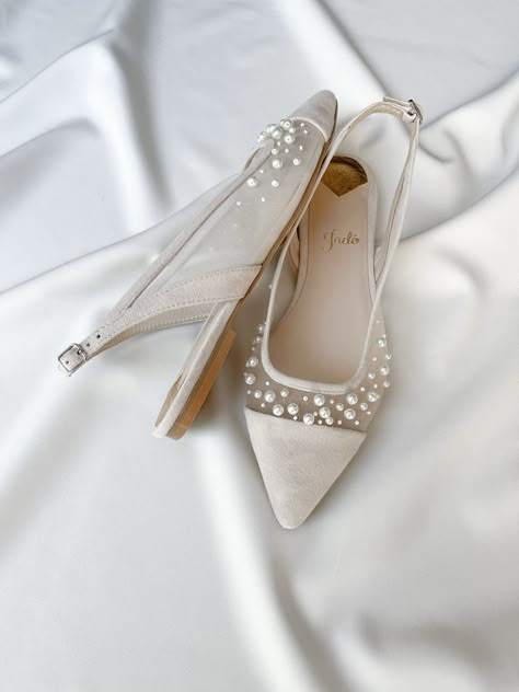 Bridal wedding flats 'Pearls Flats' are handmade using the best quality Italian upper suede, hand embroidery of pearls and beads, and genuine leather inside.  Inside there is a soft Memory foam insole, which gives a feeling of additional comfort when walking. Tunit outsole is made of a mixture of leather chips and rubber, it's more wear-resistant than leather and more durable. This type of outsoles is great for countries with rainy climates. Also, we use soft natural upper materials that wear we Bridal Flats Shoes, Flat Bridal Shoes, Shoes Beaded, Pearl Wedding Shoes, Wedding Aesthetics, Pearl Embroidery, Bridal Flats, Bridal Shoes Flats, Wedding Shoes Flats