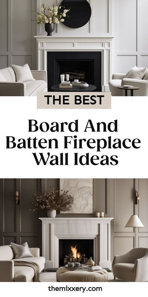 Update your living room with a stunning board and batten fireplace wall. Transform your space with the timeless and elegant combination of board and batten, creating a striking focal point that will surely impress. Whether you prefer a sleek modern look or a cozy rustic feel, there is something for everyone in these board and batten fireplace designs. Add character to your home with a stylish board and batten fireplace surround or create warmth by incorporating stone accents. Board And Batten Living Room Fireplace, Fireplace With Board And Batten Wall, Board And Batten Wall Pitched Ceiling, Different Board And Batten Ideas, Family Room Focal Wall Ideas, Board And Batten Around Fireplace, Stone Accent Wall Living Room, Fireplace Board And Batten, Batten Fireplace Wall