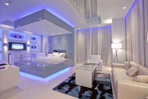 like how it accents the bed Futuristic Bedroom Design, बेडरूम डिजाइन, Futuristic Bedroom, Reka Bentuk Bilik Tidur, Under Bed Lighting, Design Ložnic, Decor Ikea, Girl Bedroom Designs, Teen Bedroom Decor