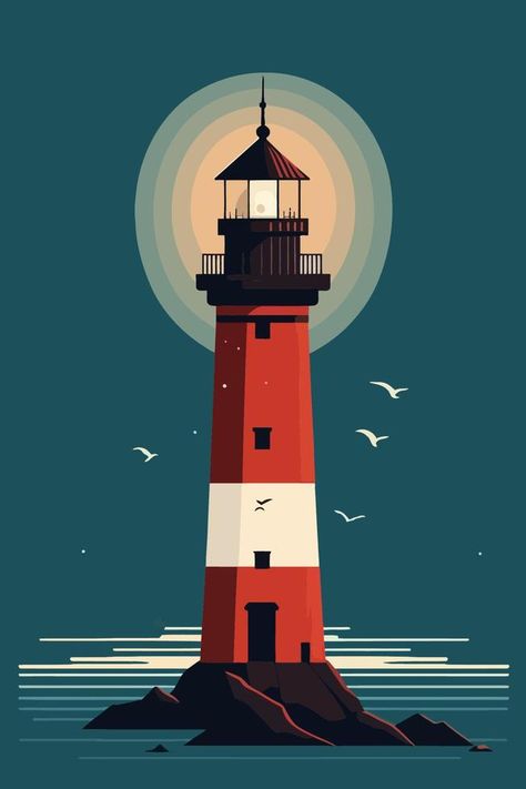 Vector Painting Art Illustrations, Light House Clipart, Fantasy Illustration Art Drawing, Flat Landscape Design, Lighthouse Vector Illustration, Lighthouse Illustration Simple, Flat Vector Art, Vector Art Design Graphics, Flat Design Illustration Landscape