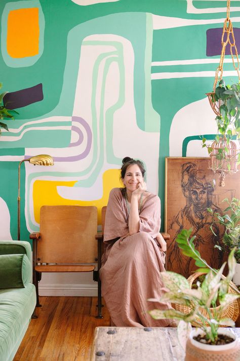 Maximalist Mural-Filled California House Tour | Apartment Therapy Maximalist Mural, Backyard Mural, Diy Murals, Mural Leaves, House Mural, Colourful Bedroom, Kensington House, Wall Murals Diy, Diy Mural