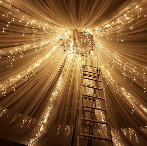 Fancy Prom Decorations, Night Ball Aesthetic, Fairy Lights Wedding Ceiling Lights, Light Themed Wedding, Wedding Ceiling Lights Starry Nights, Gold Rush Prom Theme, Diy Prom Decorations Budget, Heaven Prom Theme, Canopy Lights Wedding