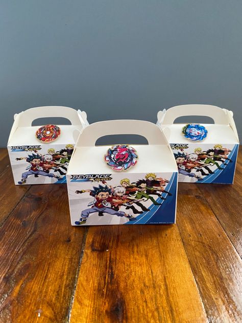 Beyblade party boxes Beyblade Party Ideas, Beyblade Birthday Party, Beyblade Birthday, Birthday Party Goodie Bags, Party Boxes, Gable Boxes, Beyblade Characters, Party In A Box, 8th Birthday