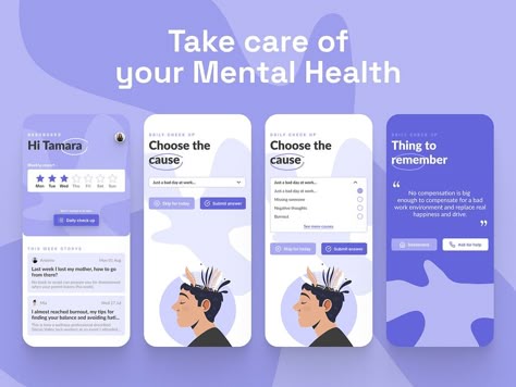 Mental Health Application Ui, Mental Health App Ui/ux Design, Mental Health App Ux Design, Self Care Apps, Therapy Website Design, App Design Ideas, Health App Design, Music App Design, Chatbot App