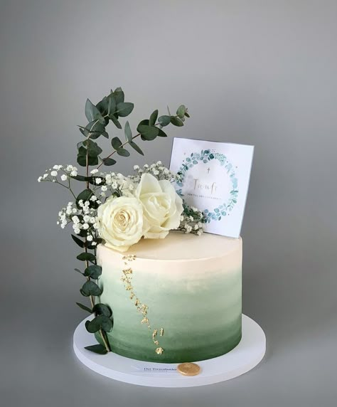 Bridal Shower Cake Greenery, Green And White Cake Ideas, Sage And Gold Birthday Cake, Eucalyptus Bridal Shower Cake, Sage Green Marble Cake, Simple Green Wedding Cake, Sage Color Cake, Green Gender Reveal Cake, Sage Green And Gold Birthday Cake