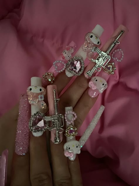 Trap Nails, Junk Nails, Kitty Nails, Amazing Nail Art, Punk Nails, Nails Design With Rhinestones, Girly Acrylic Nails, Hello Kitty Nails, Pretty Gel Nails