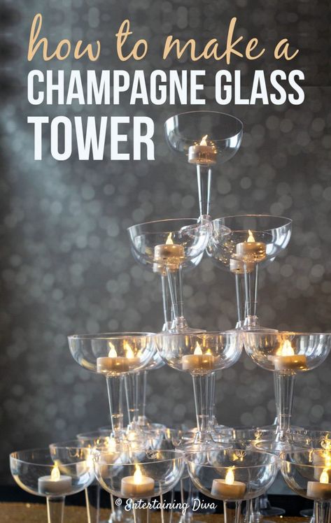 Champagne Glass Tower, Roaring 20s Party Decorations, Roaring 20s Birthday Party, 20s Party Decorations, 1920 Party, Roaring 20s Birthday, Gatsby Birthday Party, Glass Tower, Gatsby Gala