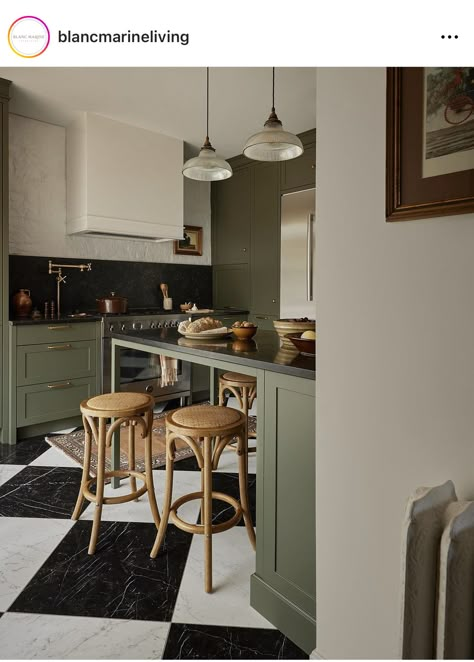 Sage Green Cabinets Kitchen, Green Cabinets Kitchen, Victorian Home Remodel, Checkered Floor Kitchen, Sage Green Cabinets, Black Marble Countertops, Sophisticated Kitchen, Checkered Floor, Black Countertops