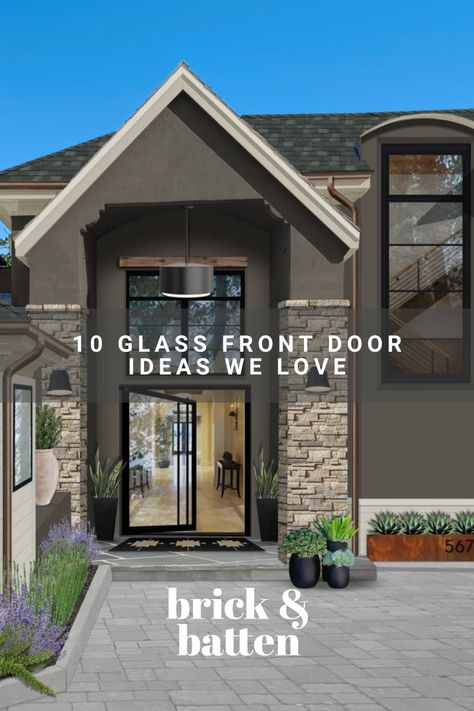 A glass front door is an excellent way to allow natural light into your home while simultaneously elevating your curb appeal. Glass front doors serve as statement pieces that connect style and functionality. See some of our favorite ways to incorporate glass front doors into our exterior designs: https://bit.ly/41ItNlv Front Door Large Window, Mirrored Glass Front Door, Wide Front Door Ideas, Frosted Front Door, Glass Front Door Privacy Ideas, Modern Glass Front Door, Glass Front Door Ideas, Clear Glass Front Door, All Glass Front Door