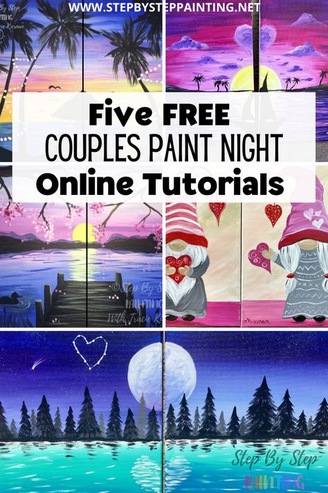 Couples Painting Tutorials - Free Online Paint Night At Home Couples Art Painting Diy, Sip And Paint Ideas Couples At Home, Paint Date Night At Home, Couples Canvas Painting Ideas Easy, Canvas Painting Ideas For Couples, Couple Painting Ideas On Canvas, Two Paintings Together, Night Painting Ideas, Couples Paint Night