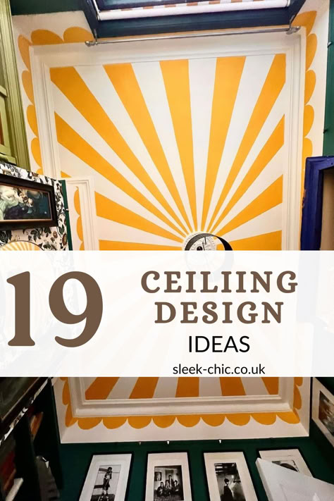 Instead of ignoring your ceiling, make it a statement part of your design by following these stylish and on-trend ceiling design ideas. No white paint in sight! Stripe Ceiling Bedroom, Ceiling Creative Ideas, Hallway Ceiling Mural, Ceiling Art Design, Ceiling Design For Small Space, Bathroom Ceiling Mural, Easy Ceiling Murals, 7ft Ceiling Ideas, Angled Ceiling Paint Ideas