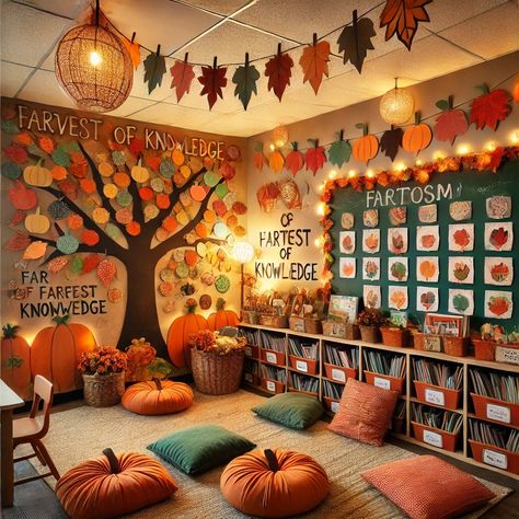 Fall In The Classroom, Teacher Fall Classroom Decor, Preschool Cubby Decorating Ideas, Thanksgiving Playroom Decor, Teacher Decorations Classroom Setup, In Home Classroom Set Up, Fall Themed School Hallway, Classroom Fall Decor Ideas, Pumpkin Patch Wall Classroom