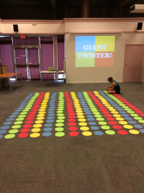 Giant Twister in the Library! – Ontarian Librarian Giant Board Games, Giant Twister, Life Size Games, Twister Game, Teen Library, Board Games Diy, Teen Programs, Youth Games, Library Activities