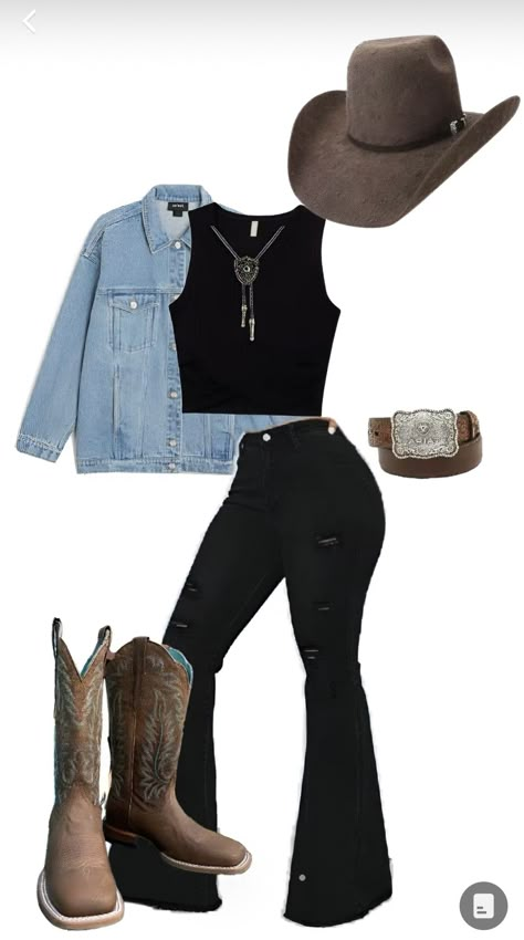 Rodeo Boots Women Outfit, Petting Zoo Outfit, 90s Fashion Country, Black Jeans With Cowgirl Boots, Cowboy Outfits For Women Black, Buckle Employee Outfit, Rodeo Western Outfits, Western Bday Outfit, Jean Jacket Western Outfits