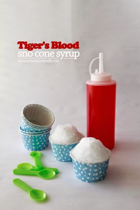 Tiger's Blood Sno Cone Syrup | mynameissnickerdoodle.com Wedding Cake Snow Cone Syrup Recipe, Snowcone Recipes, Sno Cone Syrup Recipe, Shave Ice Syrup Recipe, Sno Cone Syrup, Homemade Snow Cones, Shaved Ice Recipe, Snow Cones Recipes, Shaved Ice Syrup