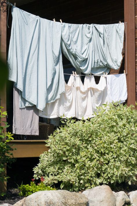 Porch Clothes Line, Linen Sheets, Line Drying, Homesteading, Log Cabin Old Fashioned Clothes, Log Cabin Porch, Natural Stain Remover, Cabin Porch, Linen Sheets, Doing Laundry, The Porch, Laundry Rooms, Clothes Line