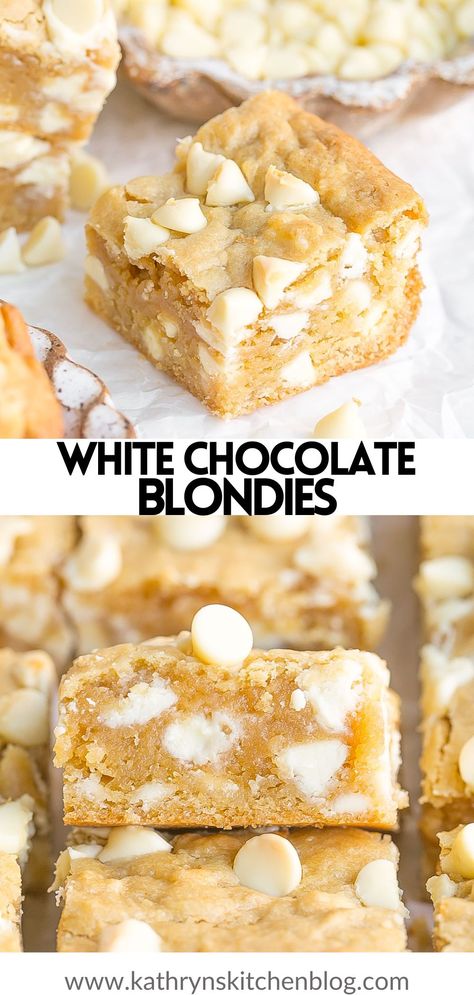 Delicious White Chocolate Blondies are ultra buttery with a chewy texture and loaded with white chocolate flavor! Perfect for all occasions any time of year and are so easy to make! Dessert Recipes White Chocolate, White Chocolate Cookie Bars, Easy Blondie Recipe, White Chocolate Chips Recipes, Desserts To Make At Home, White Chocolate Blondies Recipe, Chocolate Blondies Recipe, Squares Recipes, Blondie Recipes