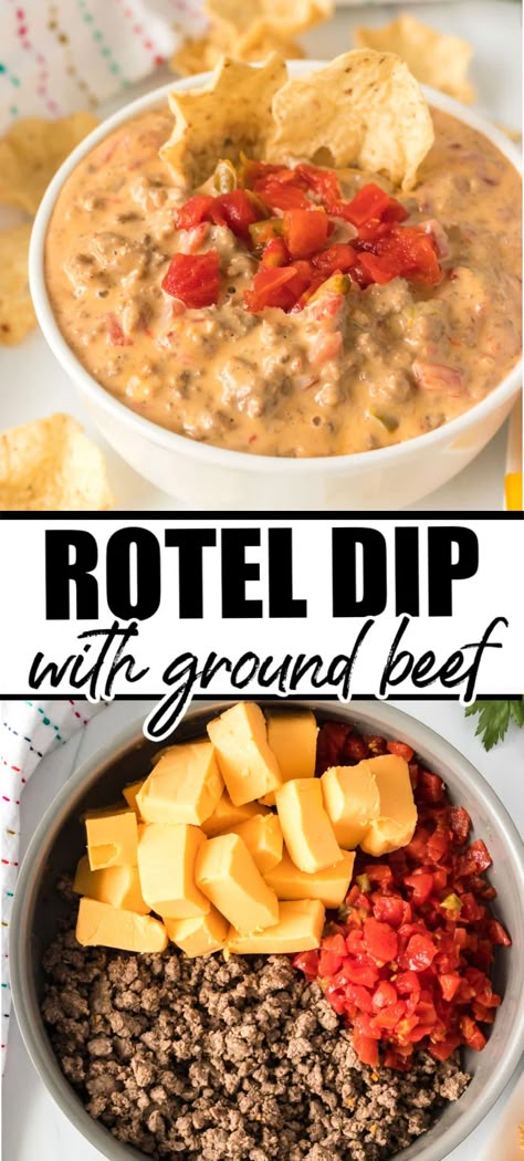 Spicy Rotel Dip With Ground Beef, Rotel With Ground Beef, Baked Rotel Dip, Best Rotel Dip With Ground Beef, Best Nachos Recipe Ground Beef, Appetizer Recipes With Ground Beef, Ground Beef Rotel Recipes, Easy Meals For Guests, Beef Nachos Recipe Easy