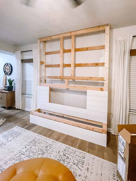 DIY electric fireplace Build An Electric Fireplace, Diy Shiplap Electric Fireplace, Shiplap Electric Fireplace, Stand Decoration Ideas, Tv Wall Unit Designs, Diy Shiplap Fireplace, Diy Fireplace Mantle, Electric Fireplace Living Room, Fireplace Dimensions