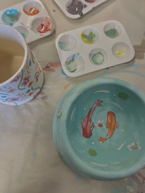 #pottery #potterypainting #potteryideas #painting #paintingideas #petbowl #inspo #koifish Ceramic Bowl With Fish, Best Friend Pottery Painting, Koi Fish Bowl Pottery, Poterry Painting Bowl, Cute Pottery Bowl Painting Ideas, Bowl Painting Designs, Pottery Fish Ideas, Paint Bowl Ideas, Koi Fish Pottery Painting