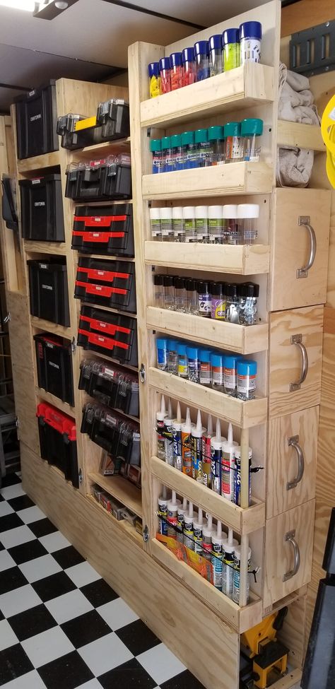 Work Trailer Tool Storage, Trailer Shelf Ideas, Electrical Tool Storage Ideas, Work Trailer Shelving Ideas, Cargo Van Tool Storage Ideas, Cargo Trailer Tool Storage Ideas, Trailer Shelving Ideas Enclosed, Semi Trailer Storage Shed, Workshop Shelving Ideas