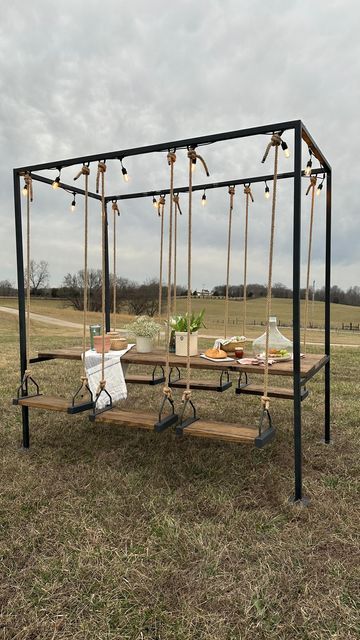 Table With Swings For Chairs, Outdoor Hang Out Area, Outdoor Swings For Adults, Outdoor Swing Ideas, Swing Set Makeover, Outside Chairs, Outside Tables, Swings Outdoor, Outdoor Event Space