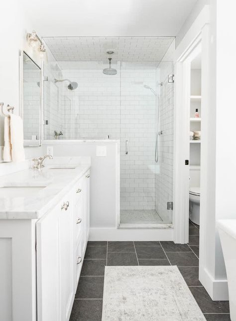 Bath With White Vanity, Half Bath Gray Tile Floor, Bathroom With Walk In Shower And Soaker Tub, High Ranch Bathroom Remodel, White Brick Shower Wall, Cascade Ridge Slate Tile Bathroom, Master Shower Modern Farmhouse, Bathroom Dark Floors White Cabinets, Walkin Shower Tile Ideas Floor