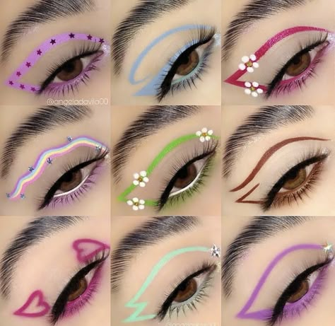 Cute Liner Looks, Pride Graphic Liner, Cute Eyeliner Looks, Flaky Makeup, Colorful Graphic Liner, Graphic Eyeliner Ideas, Graphic Liner Ideas, Coloured Eyeliner, Crazy Eye Makeup