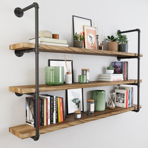 PIPE 60'' Floating Pipe Shelves, Industrial Bookshelf, Pipe Shelving – Wallniture Black Pipe Shelf, Boy Apartment, Long Shelves, Industrial Wall Shelves, Pipe Shelving, Wall Shelf Display, Industrial Bookshelf, Industrial Pipe Shelves, Burnt Wood