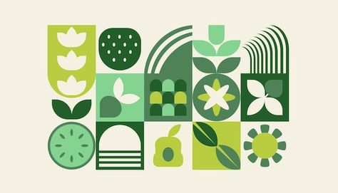 Vector bauhaus plants natural geometric ... | Premium Vector #Freepik #vector Sustainability Graphic Design Ideas, Food Graphic Illustration, Shape Patterns Design, Bauhaus Packaging, Plant Branding, Geometric Branding, Garden Icons, Geometric Packaging, Art With Flowers